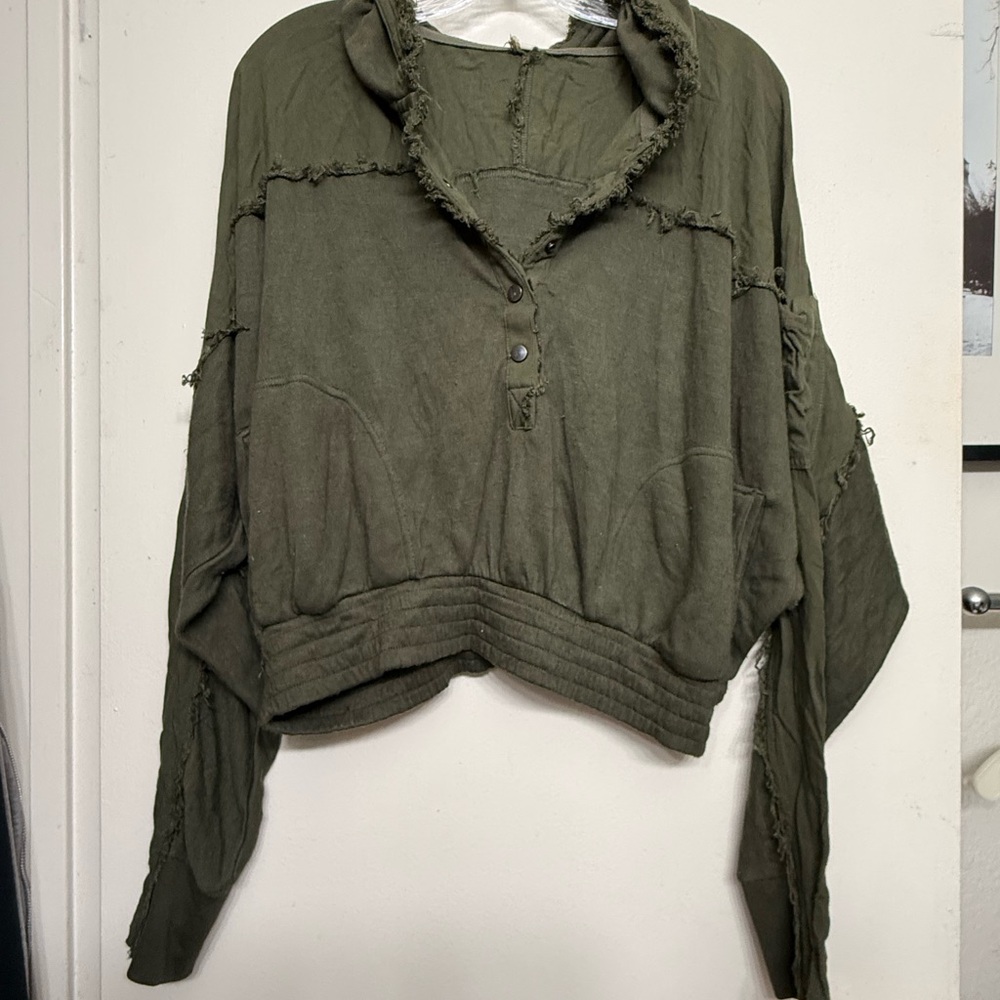 Free People Distressed Hooded Pullover – Olive Green